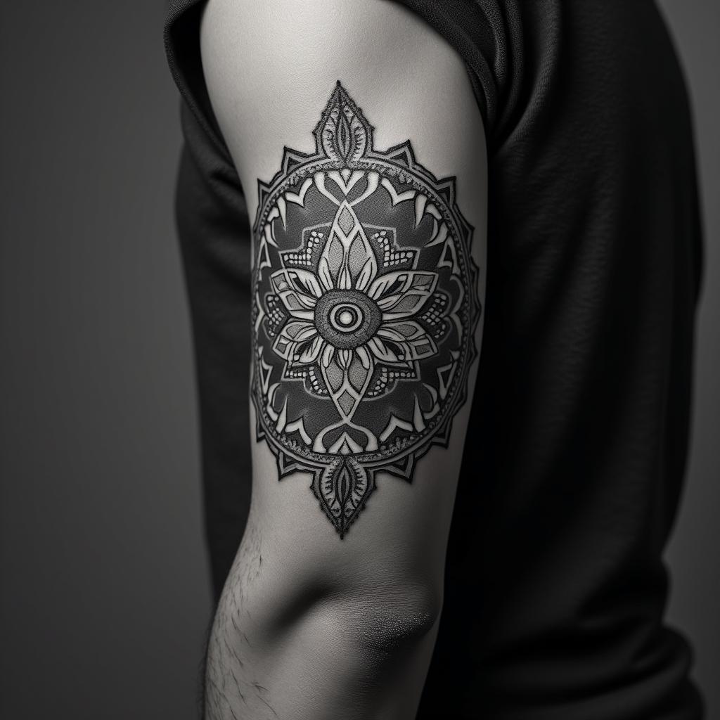 African American male, 59, army veteran, one grown son , born and raised in Comptonin dotwork style tattoo, complex mandala patterns, interlocking geometric shapes with sharp symmetry, clean lines, sharp angles - Variation 2