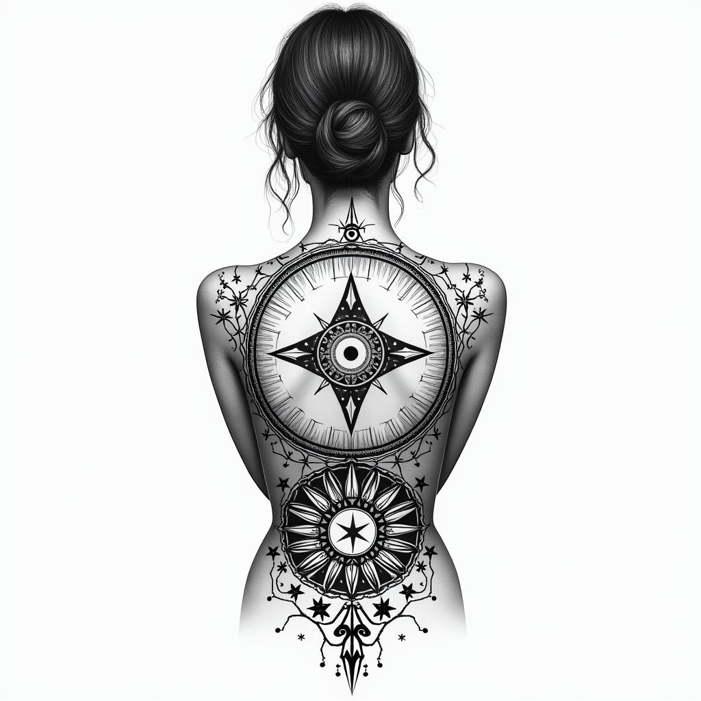 Back tattoo for women. Fineline. Possibly geometric. It should not contain any cheesy elements or faces. Overall, it should look like several small tattoos. The entire back should not be covered, so there should be an appropriate distance between the small tattoos. The individual tattoos should represent a love for nature, the sea, etc. As mentioned, several small tattoos.in prophecy tattoo style, featuring mystical symbols, celestial imagery like stars, moons, suns, geometric patterns, foretelling elements, an eye of wisdom - Variation 4