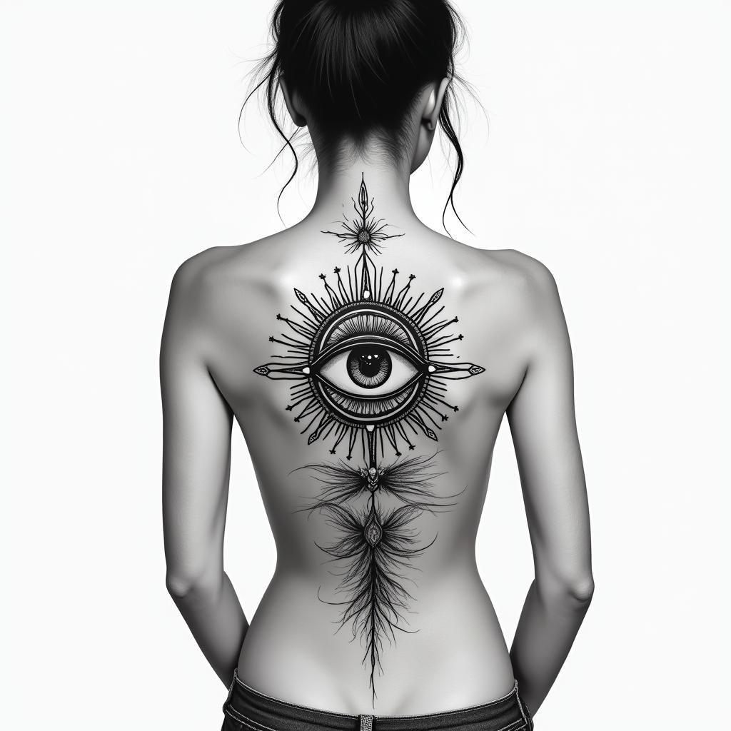 Back tattoo for women. Fineline. Possibly geometric. It should not contain any cheesy elements or faces. Overall, it should look like several small tattoos. The entire back should not be covered, so there should be an appropriate distance between the small tattoos. The individual tattoos should represent a love for nature, the sea, etc. As mentioned, several small tattoos.in prophecy tattoo style, featuring mystical symbols, celestial imagery like stars, moons, suns, geometric patterns, foretelling elements, an eye of wisdom - Variation 2