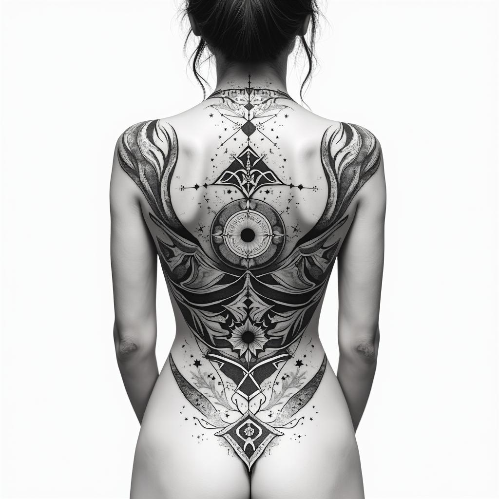 Back tattoo for women. Fineline. Possibly geometric. It should not contain any cheesy elements or faces. Overall, it should look like several small tattoos. The entire back should not be covered, so there should be an appropriate distance between the small tattoos. The individual tattoos should represent a love for nature, the sea, etc. As mentioned, several small tattoos.in prophecy tattoo style, featuring mystical symbols, celestial imagery like stars, moons, suns, geometric patterns, foretelling elements, an eye of wisdom - Variation 3