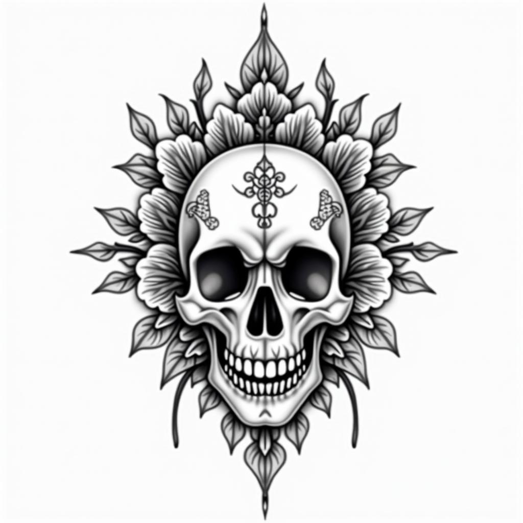 half dolphin half skullin ornamental tattoo style, featuring intricate symmetrical patterns and floral designs, showcasing highly detailed line work and geometric shapes, creating a sense of elegance and balance - Variation 1