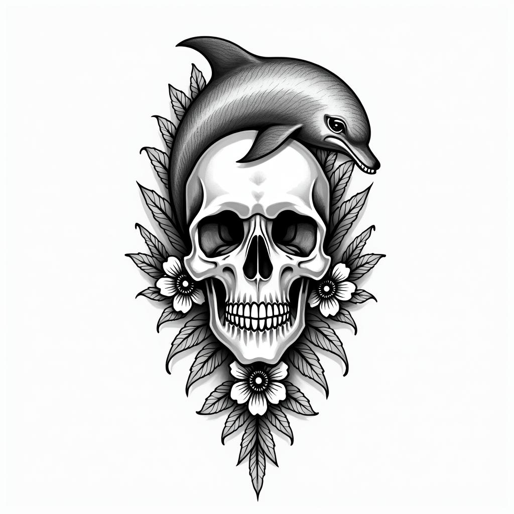 half dolphin half skullin ornamental tattoo style, featuring intricate symmetrical patterns and floral designs, showcasing highly detailed line work and geometric shapes, creating a sense of elegance and balance - Variation 2