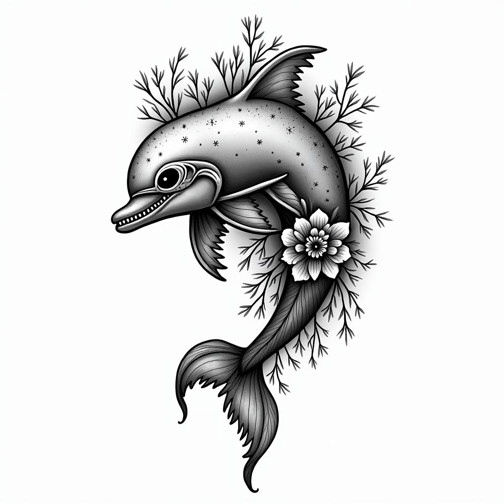 half dolphin half skullin ornamental tattoo style, featuring intricate symmetrical patterns and floral designs, showcasing highly detailed line work and geometric shapes, creating a sense of elegance and balance - Variation 3