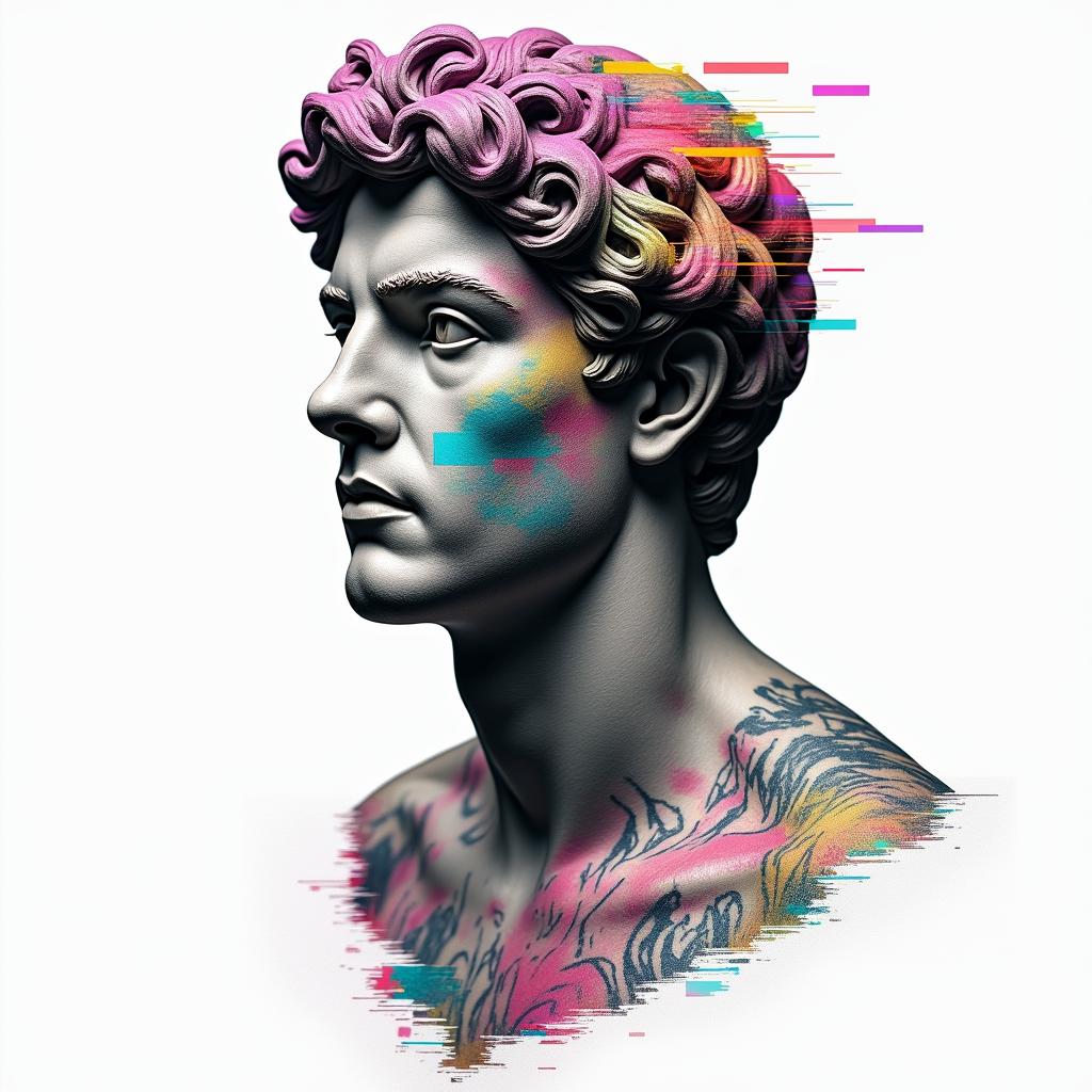 Andre 03/19/1997 New Yorkin distorted and fragmented tattoo design, featuring a classical statue bust, in a glitch art style with vibrant, overlapping colors of cyan, magenta, and yellow, creating a digital distortion effect - Variation 4