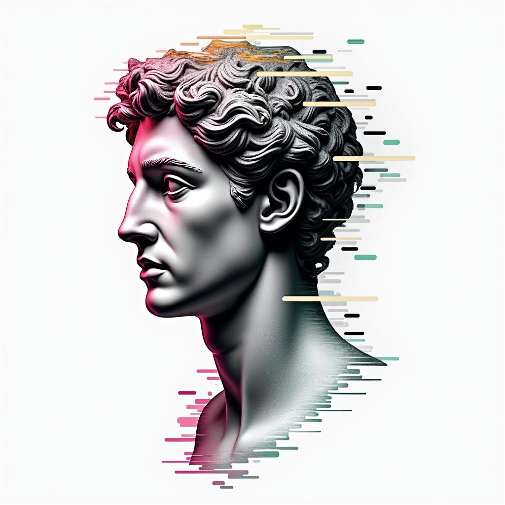 Andre 03/19/1997 New Yorkin distorted and fragmented tattoo design, featuring a classical statue bust, in a glitch art style with vibrant, overlapping colors of cyan, magenta, and yellow, creating a digital distortion effect - Variation 2