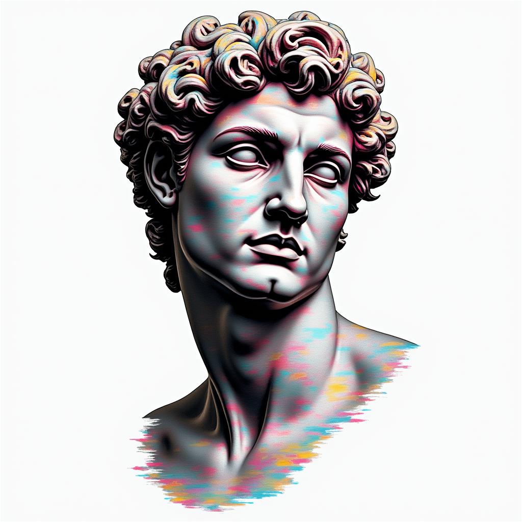 Andre 03/19/1997 New Yorkin distorted and fragmented tattoo design, featuring a classical statue bust, in a glitch art style with vibrant, overlapping colors of cyan, magenta, and yellow, creating a digital distortion effect - Variation 3
