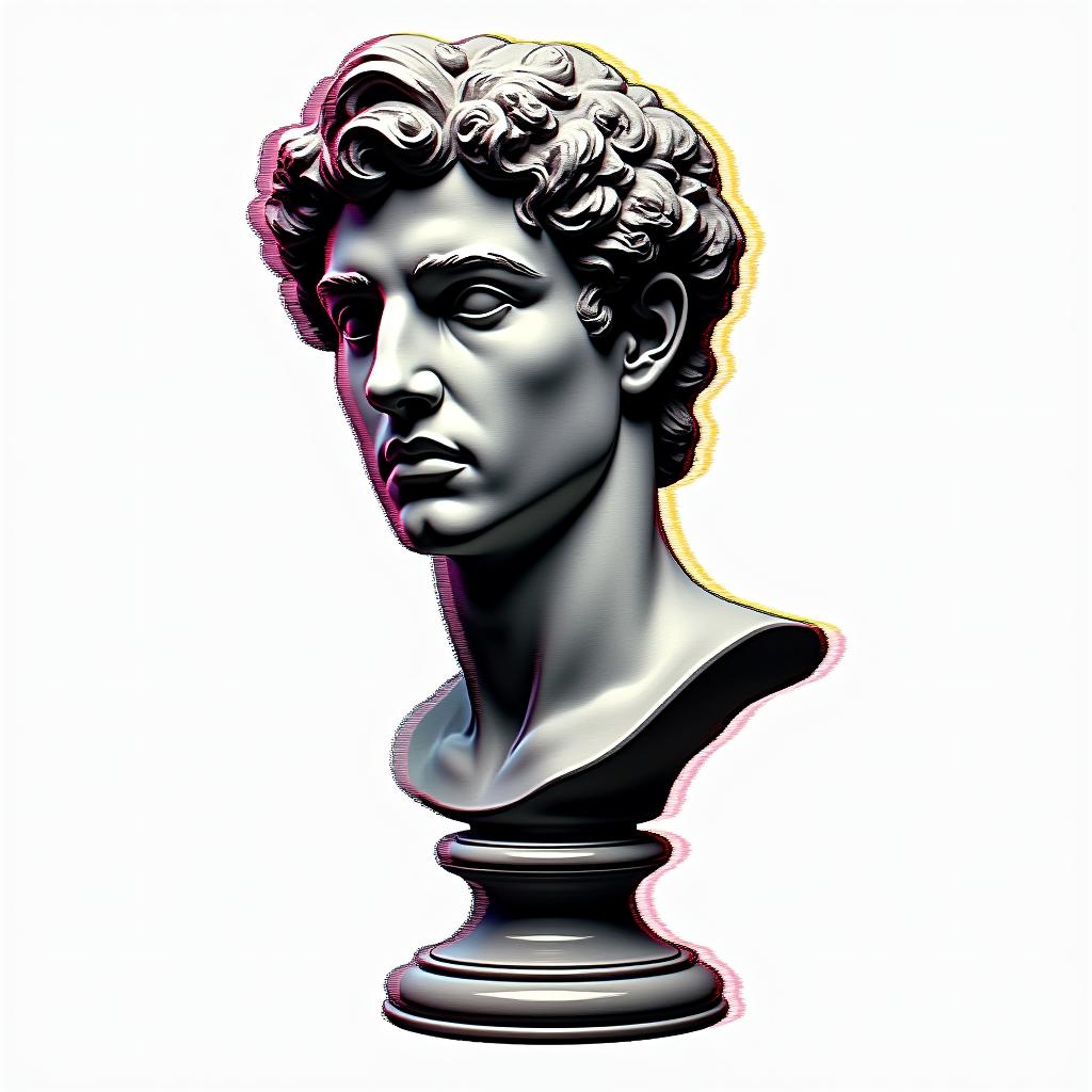 Andre 03/19/1997 New Yorkin distorted and fragmented tattoo design, featuring a classical statue bust, in a glitch art style with vibrant, overlapping colors of cyan, magenta, and yellow, creating a digital distortion effect