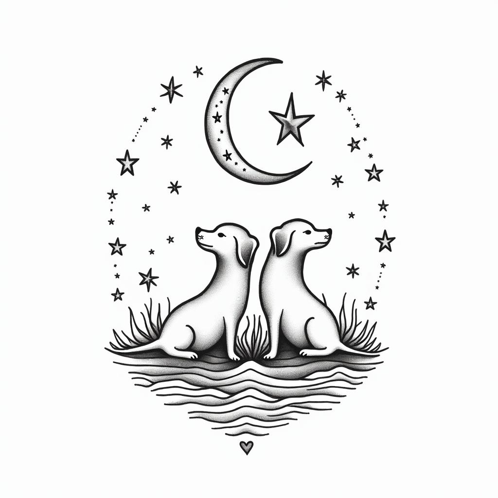 Zodiac dogs moon starsin Modest style tattoo, featuring soft, delicate line work with simple and meaningful symbols, gentle waves, a heart, evoking a sense of serenity and grace, - Variation 6