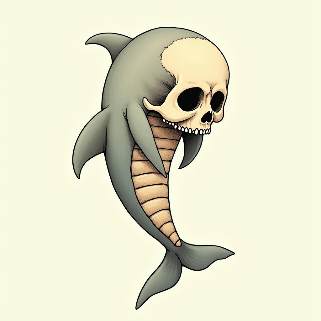 half dolphin half skullGhibli, Studio Ghibli aesthetic, hand-drawn anime style, retro nostalgic atmosphere, retro soft pastel color palette with earthy tones, retro Japanese cinematic shot, yellow tint effect, bald character, smooth surface, anime shadow 90's anime style - Variation 2