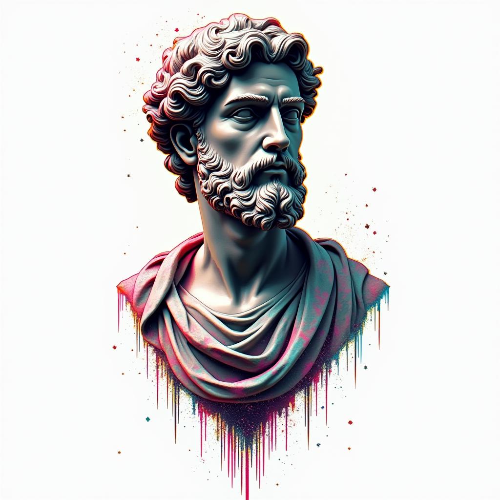 Thug shitin distorted and fragmented tattoo design, featuring a classical statue bust, in a glitch art style with vibrant, overlapping colors of cyan, magenta, and yellow, creating a digital distortion effect - Variation 3