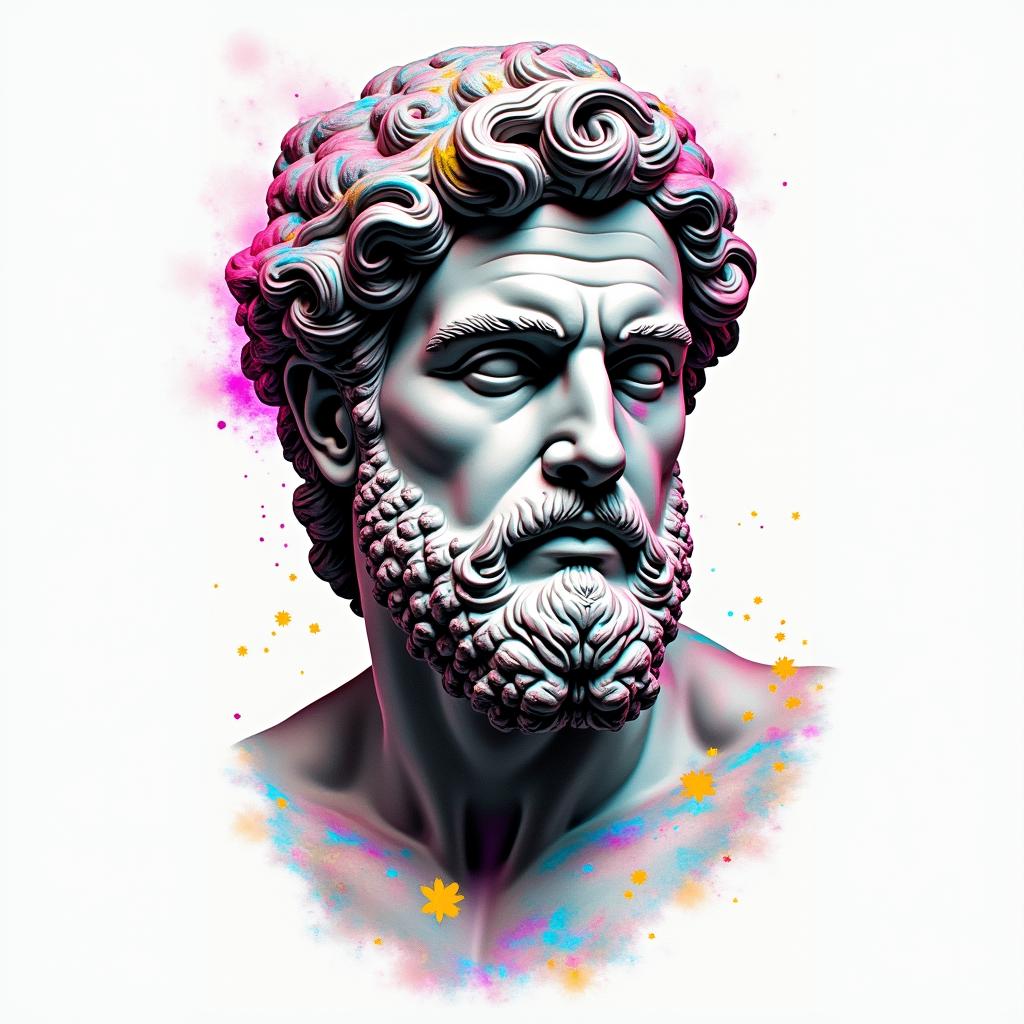 Thug shitin distorted and fragmented tattoo design, featuring a classical statue bust, in a glitch art style with vibrant, overlapping colors of cyan, magenta, and yellow, creating a digital distortion effect - Variation 4