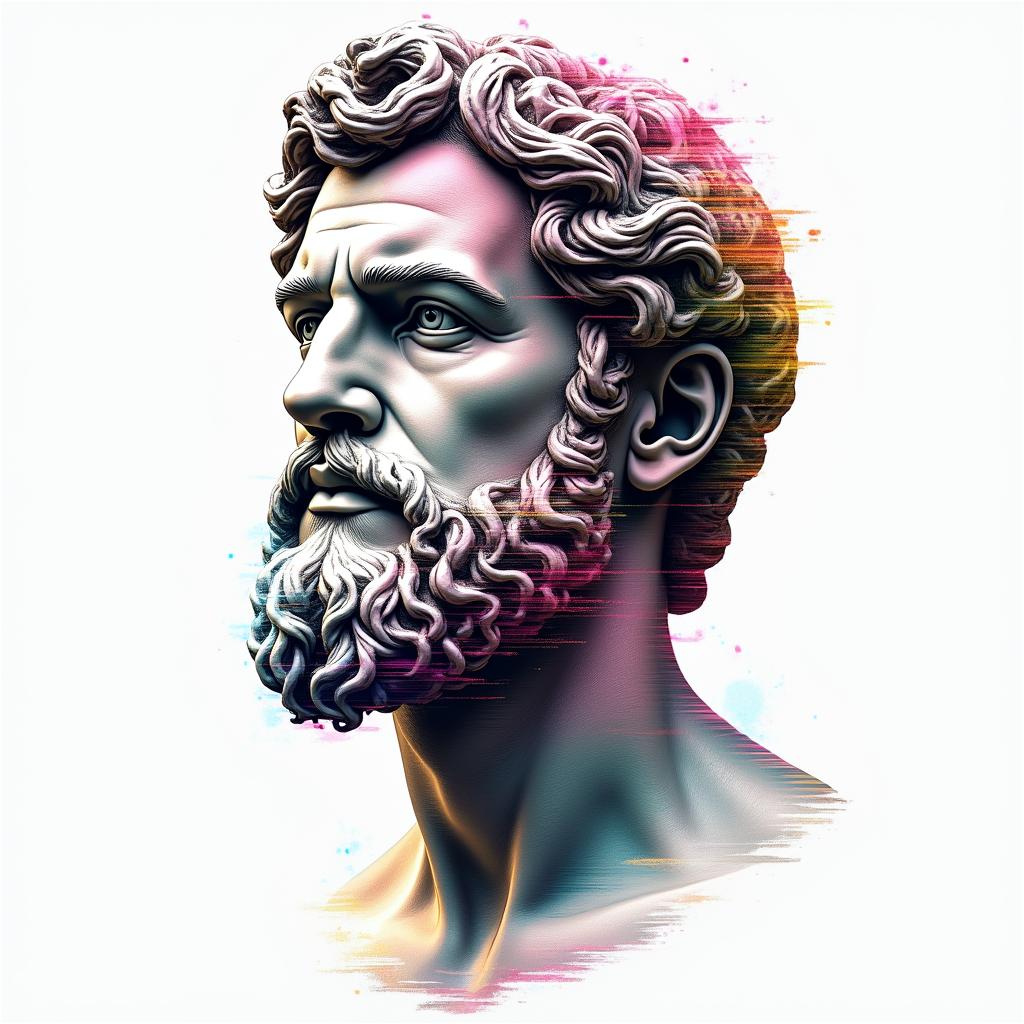 Thug shitin distorted and fragmented tattoo design, featuring a classical statue bust, in a glitch art style with vibrant, overlapping colors of cyan, magenta, and yellow, creating a digital distortion effect