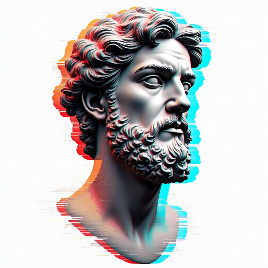 Thug shitin distorted and fragmented tattoo design, featuring a classical statue bust, in a glitch art style with vibrant, overlapping colors of cyan, magenta, and yellow, creating a digital distortion effect - Variation 2
