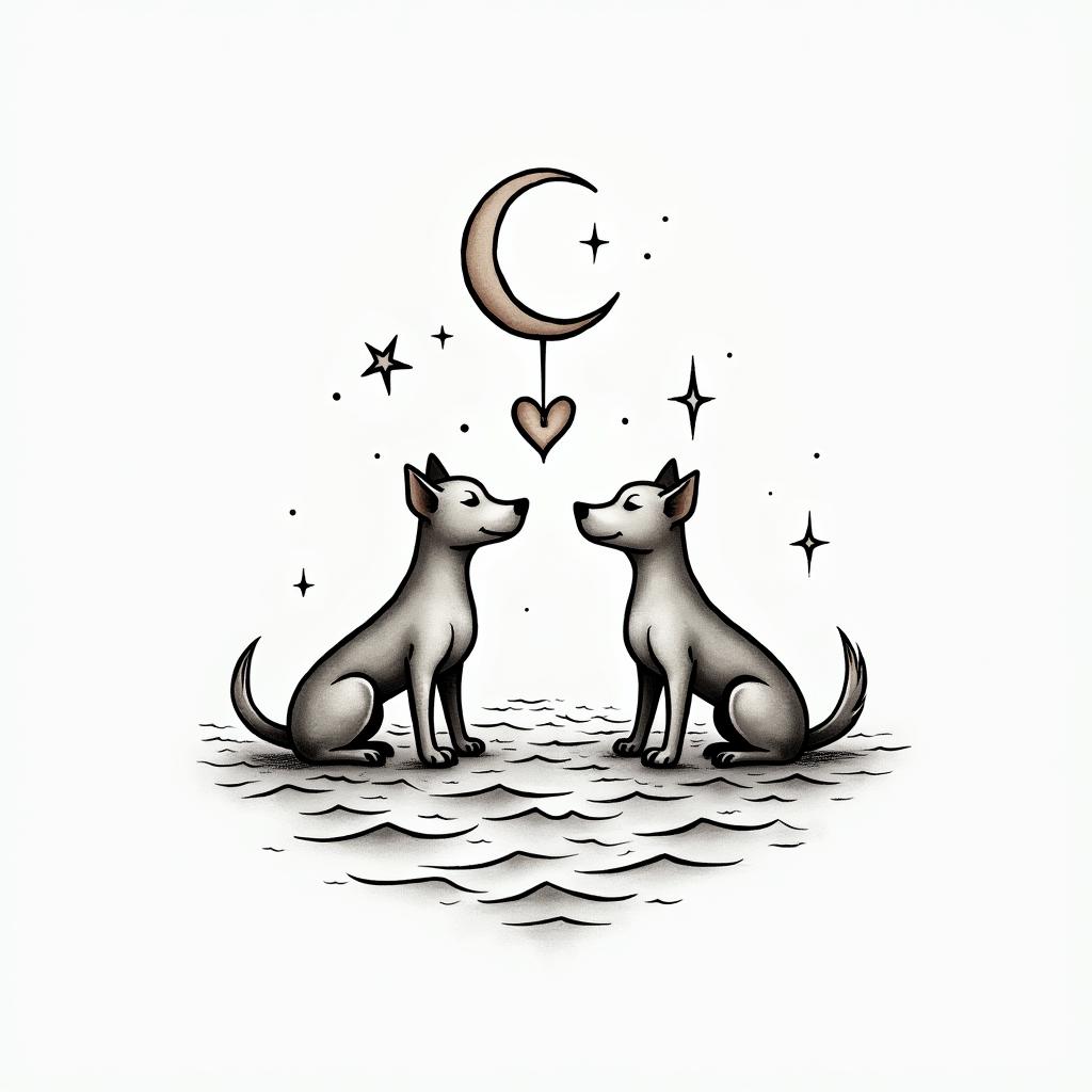 Zodiac dogs moon starsin Modest style tattoo, featuring soft, delicate line work with simple and meaningful symbols, gentle waves, a heart, evoking a sense of serenity and grace, - Variation 2