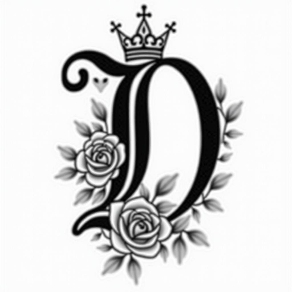 Initial D with a tiger lily and rose wrapped at th bottom of the D and king crown on topin elegant cursive calligraphy style 2d tattoo, decorate with roses, featuring a smooth and flowing handwritten script with slightly thickened strokes for a luxurious and bold appearance,  heart symbol between names,  sleek and glossy black text with shadowing, minimalist matte white background, clean and sharp edges, illuminated with soft lighting, romantic, 8k, high-quality textures with refined typography