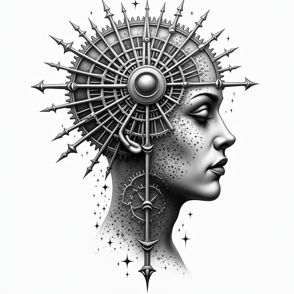 Mechanical gears fused with human anatomyin prophecy tattoo style, featuring mystical symbols, celestial imagery like stars, moons, suns, geometric patterns, foretelling elements, an eye of wisdom - Variation 2