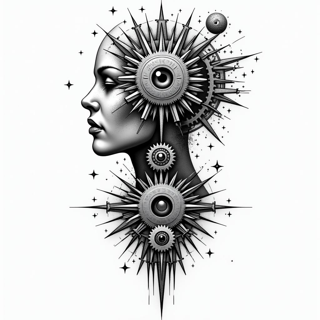 Mechanical gears fused with human anatomyin prophecy tattoo style, featuring mystical symbols, celestial imagery like stars, moons, suns, geometric patterns, foretelling elements, an eye of wisdom - Variation 4