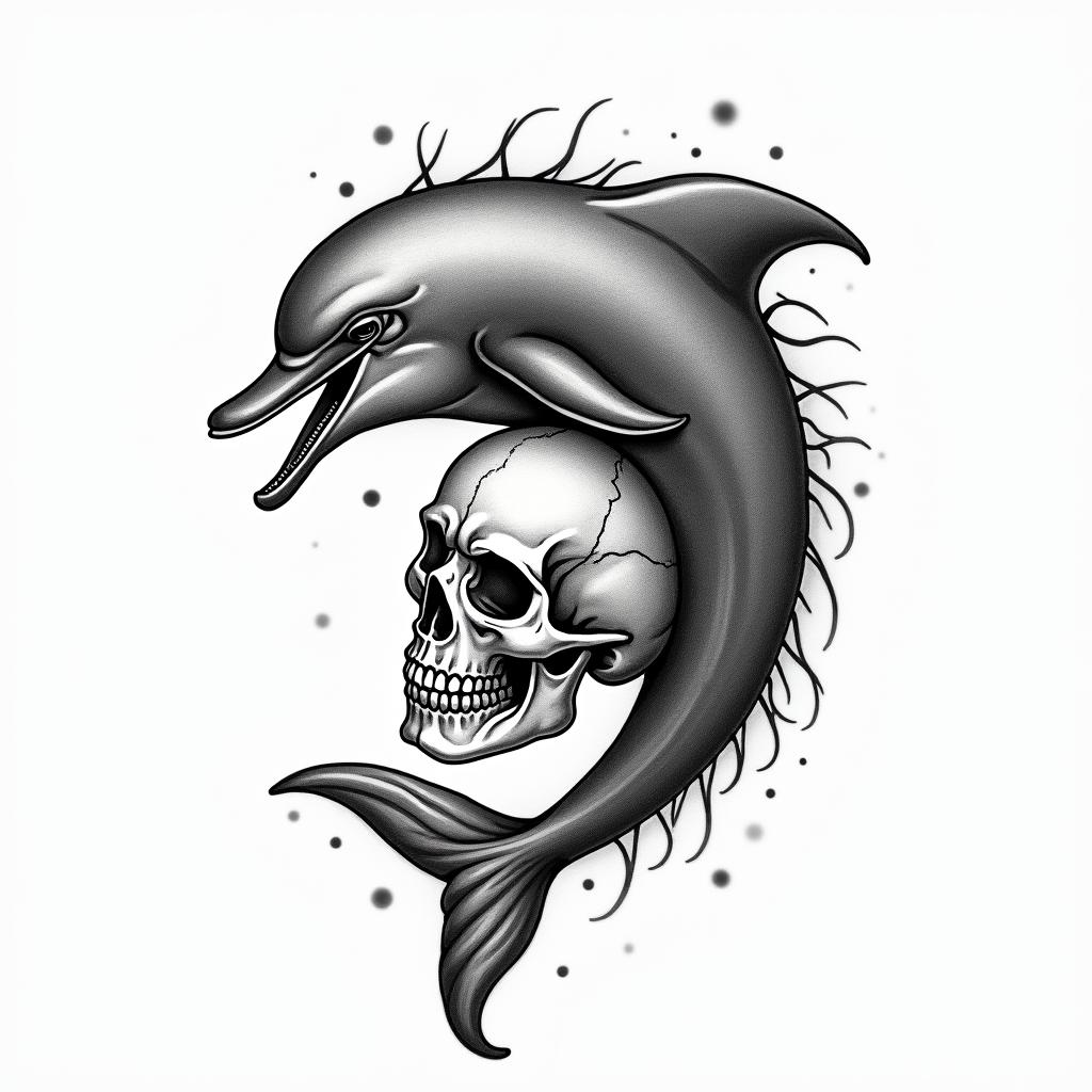 half dolphin half skulltext-based tattoo, japanese font ultra-realistic, perfectly placed, high-quality font design, photo-realistic shading, 8k, high quality, finely detailed typograph - Variation 4