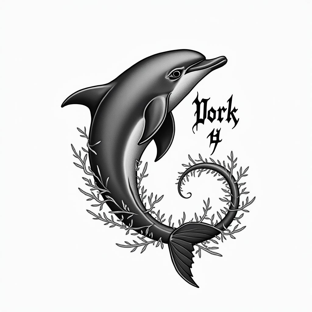 half dolphin half skulltext-based tattoo, japanese font ultra-realistic, perfectly placed, high-quality font design, photo-realistic shading, 8k, high quality, finely detailed typograph - Variation 3