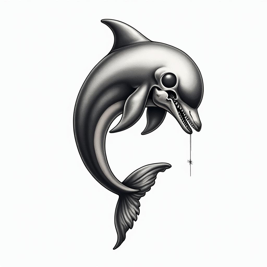 half dolphin half skulltext-based tattoo, japanese font ultra-realistic, perfectly placed, high-quality font design, photo-realistic shading, 8k, high quality, finely detailed typograph - Variation 2