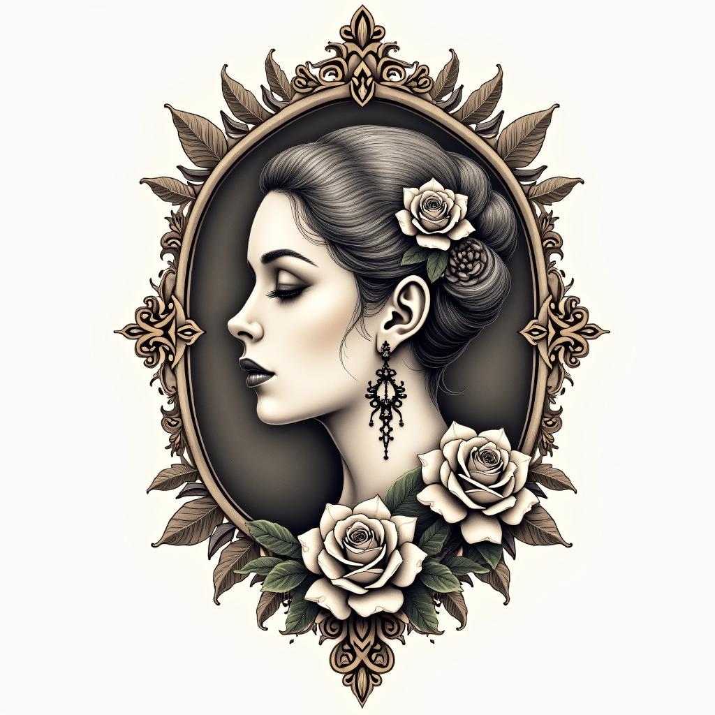 Apex pathfinderin victorian style tattoo, featuring vintage and elegant elements, ornate frames, roses, antique, sepia-toned color scheme - Variation 2