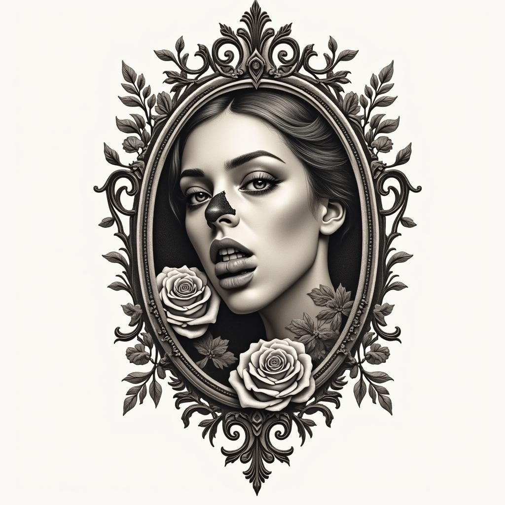 Dreams and nightmares, but there’s a place in betweenin victorian style tattoo, featuring vintage and elegant elements, ornate frames, roses, antique, sepia-toned color scheme - Variation 1