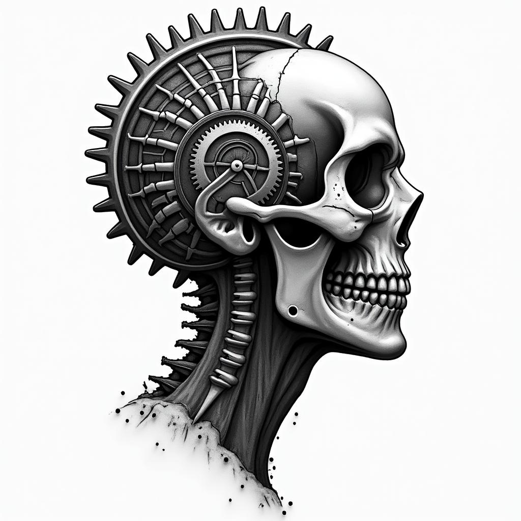 Mechanical gears fused with human anatomy in horror tattoo style, showcasing haunting and unsettling, dark and gritty textures with skulls, eerie faces, jgged designs, bold and intense shading - Variation 3