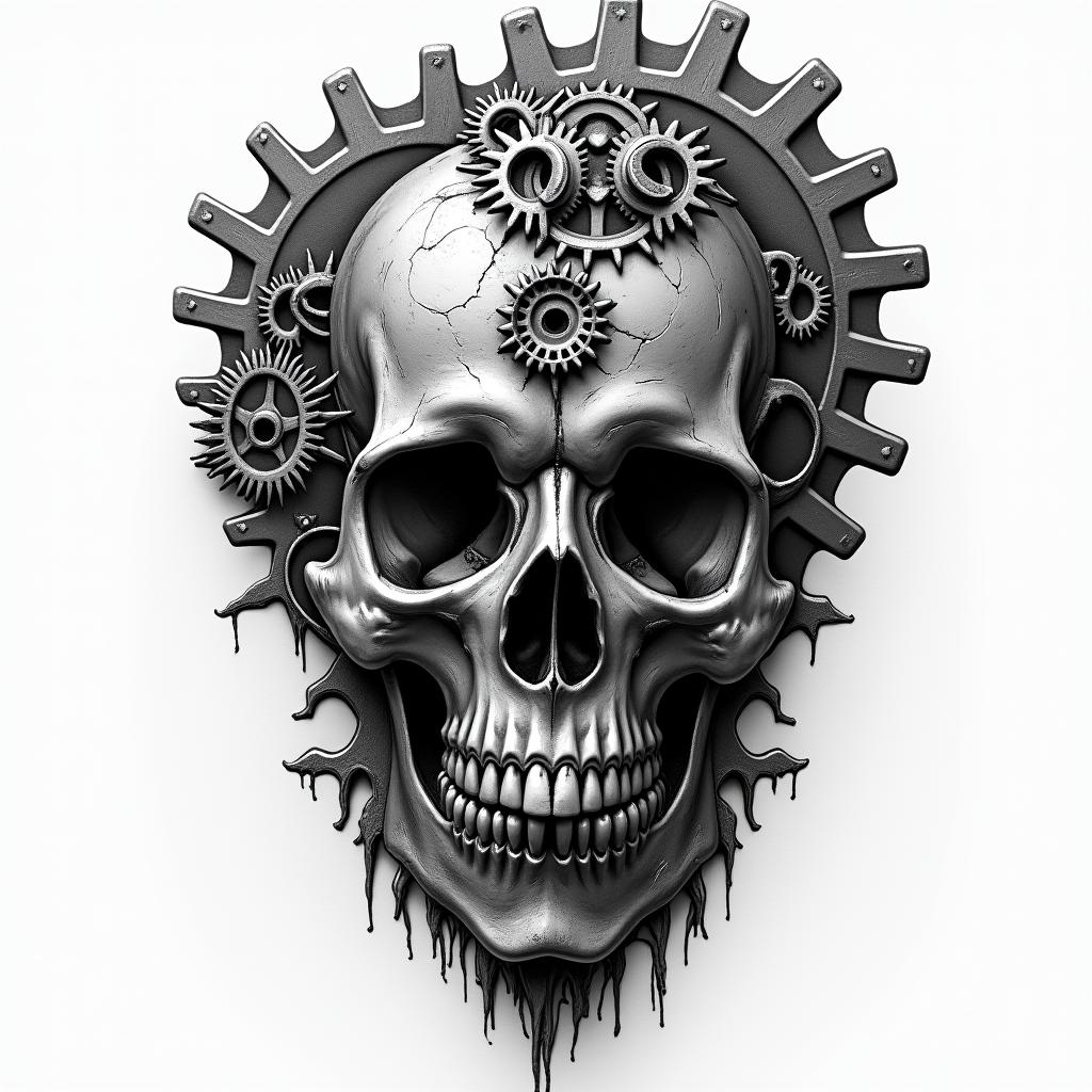 Mechanical gears fused with human anatomy in horror tattoo style, showcasing haunting and unsettling, dark and gritty textures with skulls, eerie faces, jgged designs, bold and intense shading - Variation 2