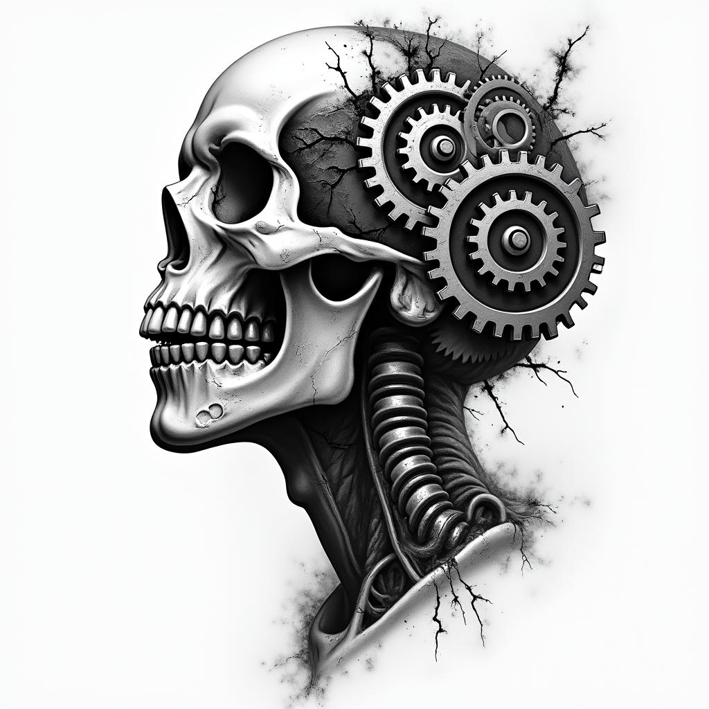 Mechanical gears fused with human anatomy in horror tattoo style, showcasing haunting and unsettling, dark and gritty textures with skulls, eerie faces, jgged designs, bold and intense shading