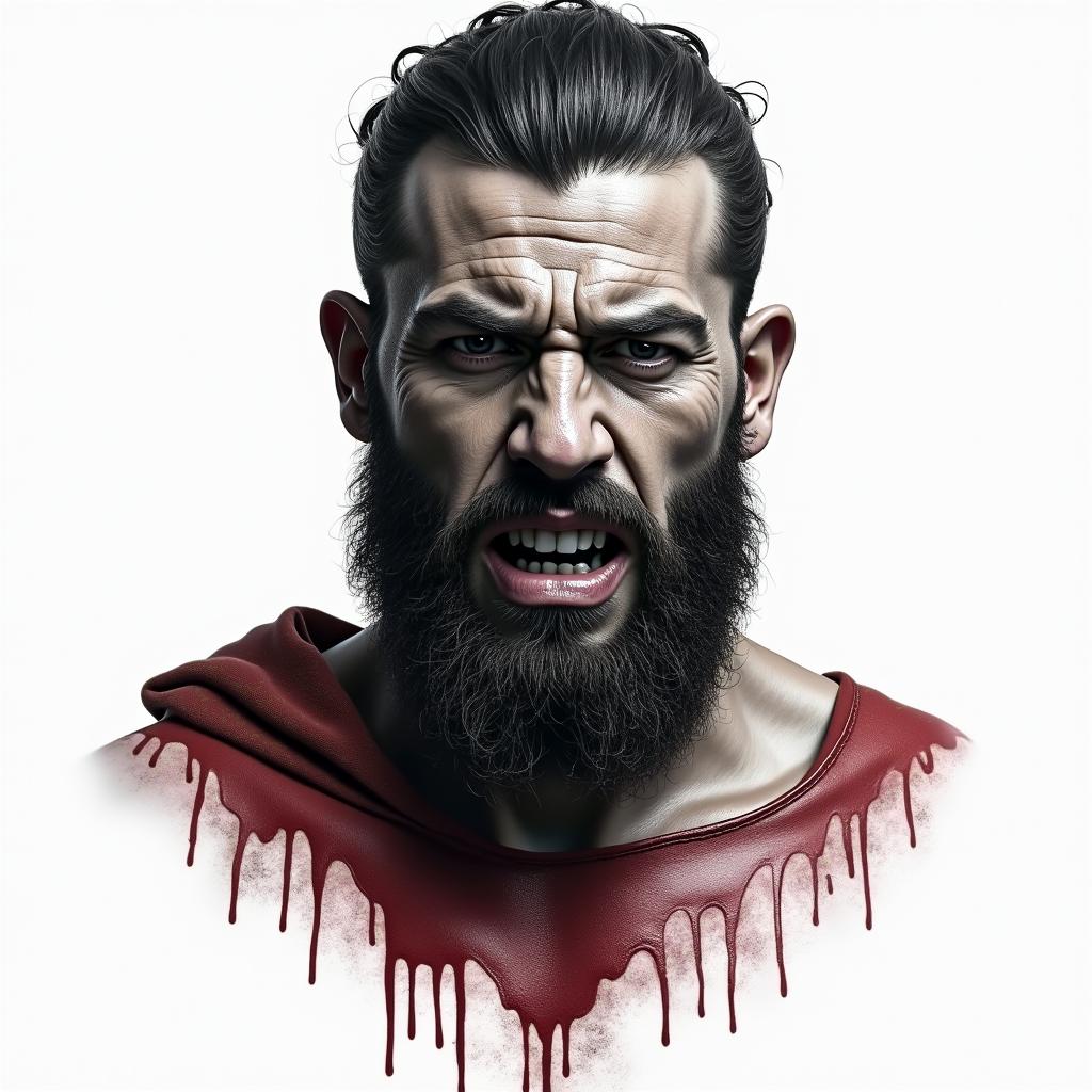 300 king Leonidas Tattoo Angry Bloody with 300 below his facein portrait tattoo style, featuring a highly realistic and detailed depiction 