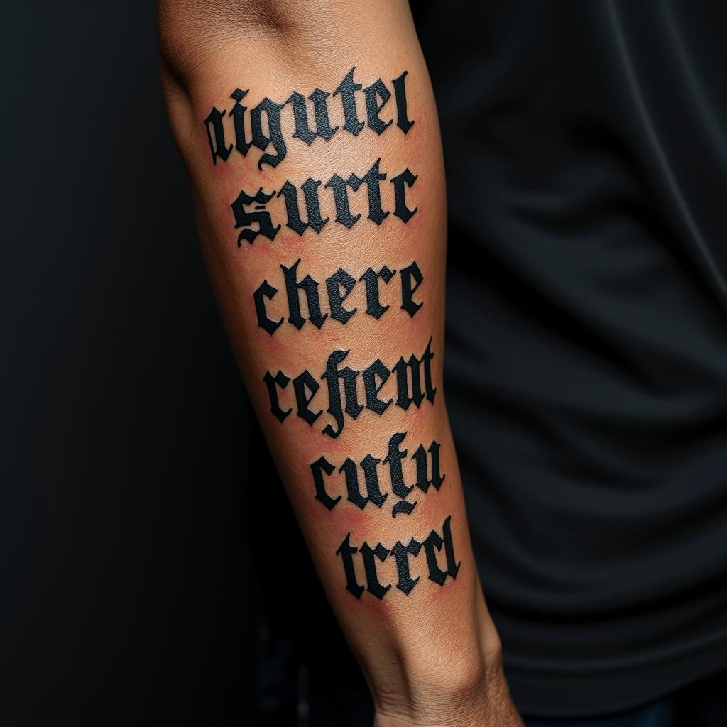 56 year old African American male raised in Compton , one son, army veterantext-based tattoo, gothic font ultra-realistic, perfectly placed, high-quality font design, photo-realistic shading, 8k, high quality, finely detailed typography - Variation 3