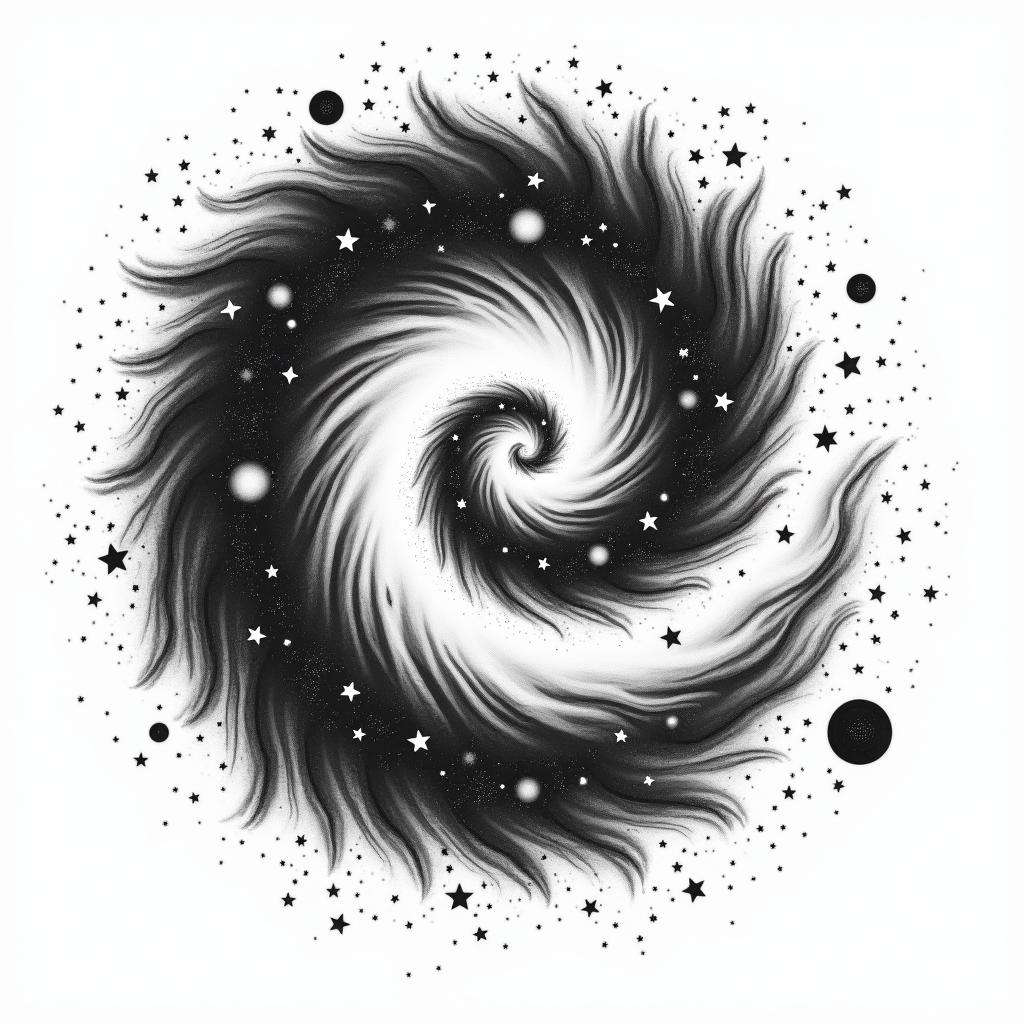 Spiral galaxy with stars and planetstext-based tattoo, gothic font ultra-realistic, perfectly placed, high-quality font design, photo-realistic shading, 8k, high quality, finely detailed typography