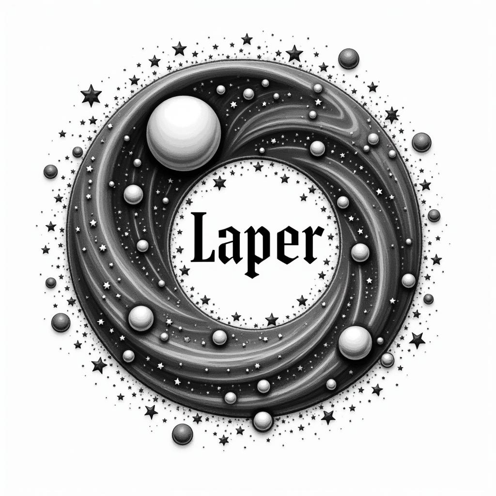 Spiral galaxy with stars and planetstext-based tattoo, gothic font ultra-realistic, perfectly placed, high-quality font design, photo-realistic shading, 8k, high quality, finely detailed typography - Variation 2