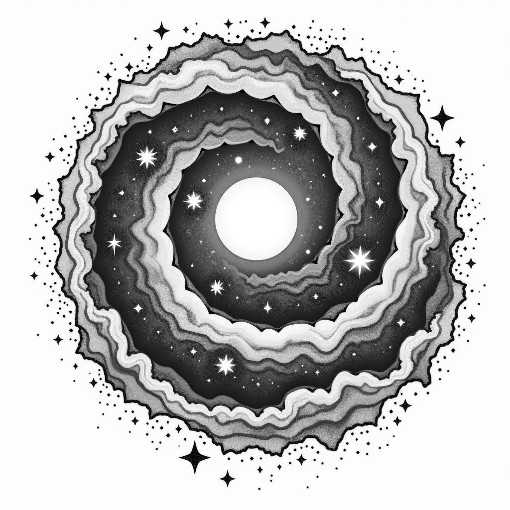 Spiral galaxy with stars and planetstext-based tattoo, gothic font ultra-realistic, perfectly placed, high-quality font design, photo-realistic shading, 8k, high quality, finely detailed typography - Variation 3