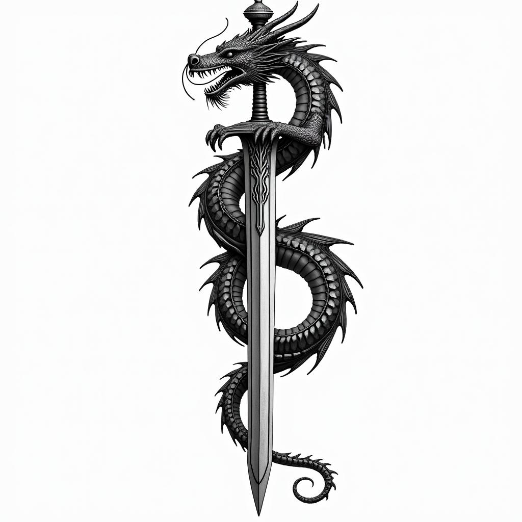 Majestic dragon coiled around a swordin bohemian style tattoo, 8k - Variation 5