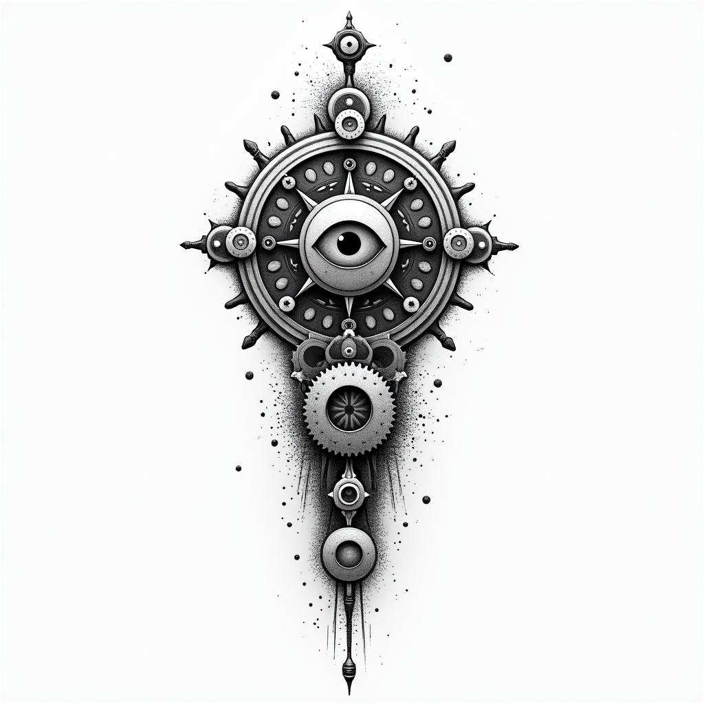 Mechanical gears fused with human anatomyin spiritual symbols tattoo style, featuring an intricate design incorporating elements, Hamsa hand, third eye, minimalist composition - Variation 9
