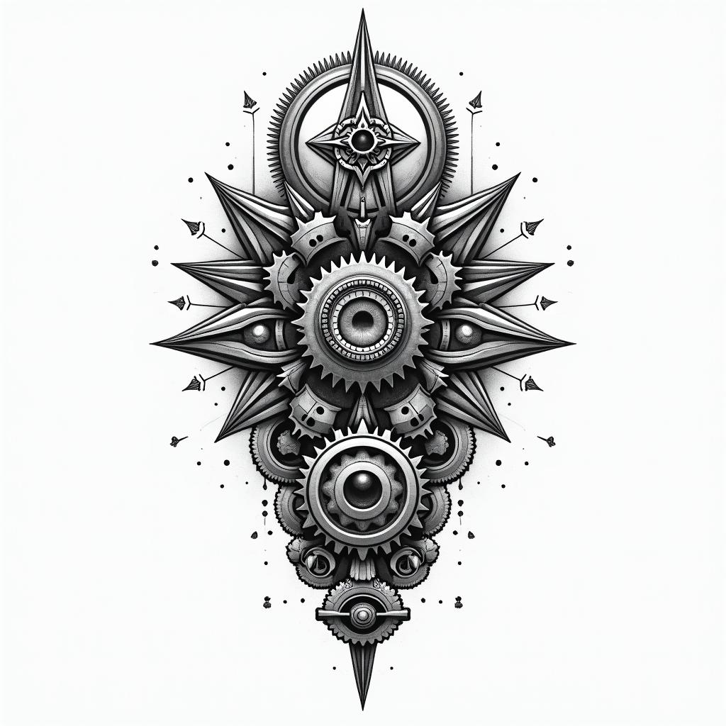 Mechanical gears fused with human anatomyin spiritual symbols tattoo style, featuring an intricate design incorporating elements, Hamsa hand, third eye, minimalist composition - Variation 11