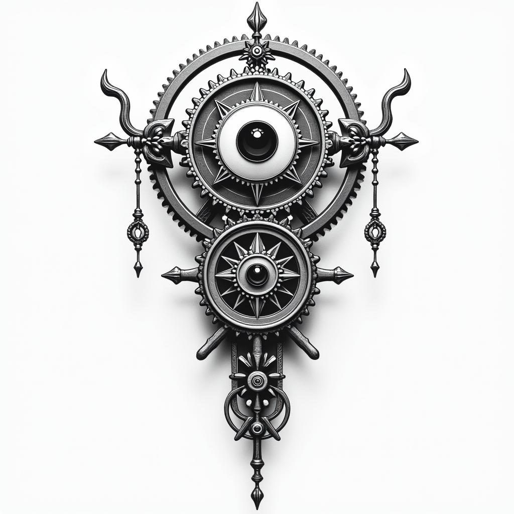 Mechanical gears fused with human anatomyin spiritual symbols tattoo style, featuring an intricate design incorporating elements, Hamsa hand, third eye, minimalist composition - Variation 10
