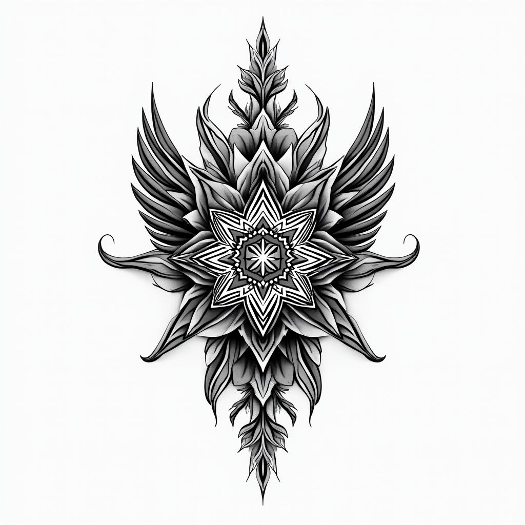 Know the world in geometric style tattoo, blending hexagons, mandala-inspired patterns, symmetrical and fractal design, clean lines, sharp angles