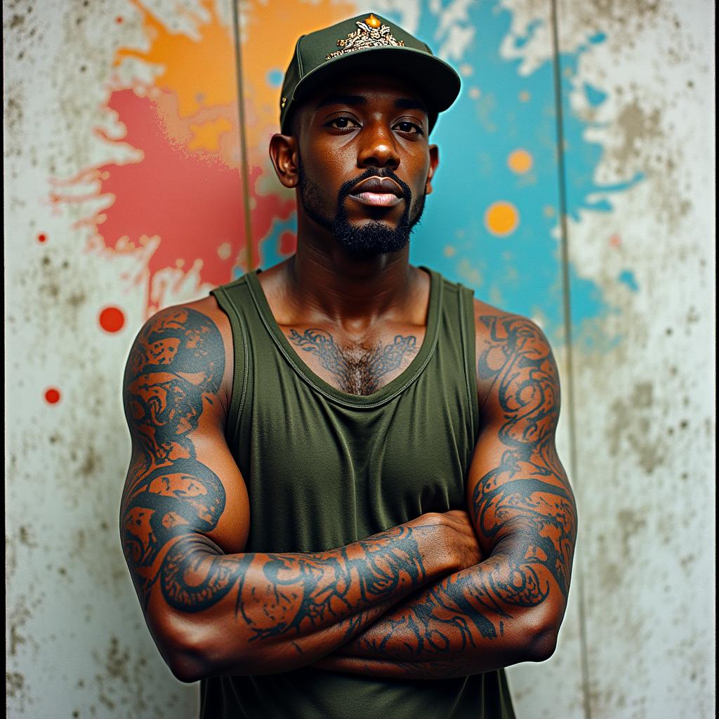 56 year old African American male raised in Compton , one son, army veteranin graffiti style tattoo, featuring bold and dynamic street art elements, spray-paint texture with exaggerated lines and expressive, chaotic brushstrokes, intricate lettering incorporated with graffiti tags, symbols like hearts, stars, and wings - Variation 8