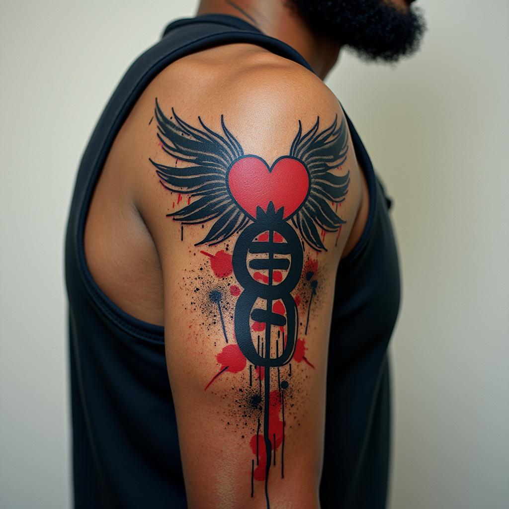 56 year old African American male raised in Compton , one son, army veteranin graffiti style tattoo, featuring bold and dynamic street art elements, spray-paint texture with exaggerated lines and expressive, chaotic brushstrokes, intricate lettering incorporated with graffiti tags, symbols like hearts, stars, and wings - Variation 6