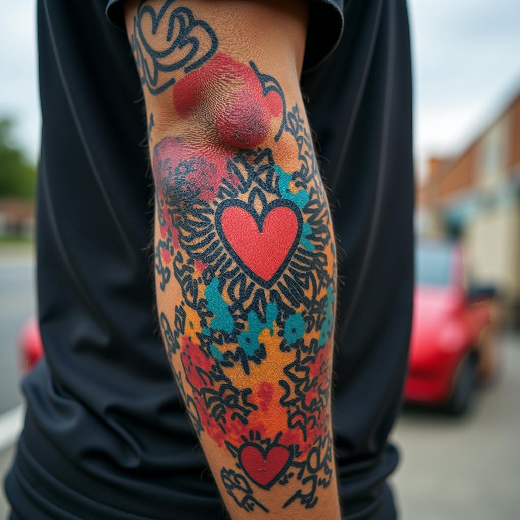 56 year old African American male raised in Compton , one son, army veteranin graffiti style tattoo, featuring bold and dynamic street art elements, spray-paint texture with exaggerated lines and expressive, chaotic brushstrokes, intricate lettering incorporated with graffiti tags, symbols like hearts, stars, and wings - Variation 7