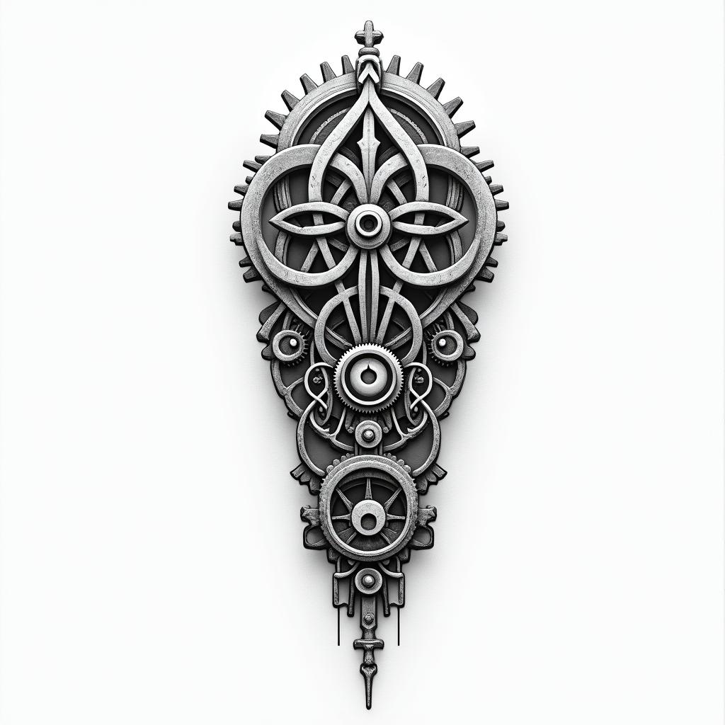 Mechanical gears fused with human anatomyin spiritual symbols tattoo style, featuring an intricate design incorporating elements, Hamsa hand, third eye, minimalist composition - Variation 5
