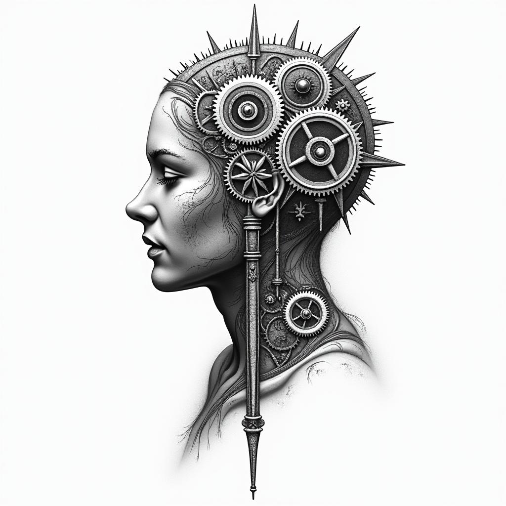Mechanical gears fused with human anatomyin spiritual symbols tattoo style, featuring an intricate design incorporating elements, Hamsa hand, third eye, minimalist composition - Variation 8