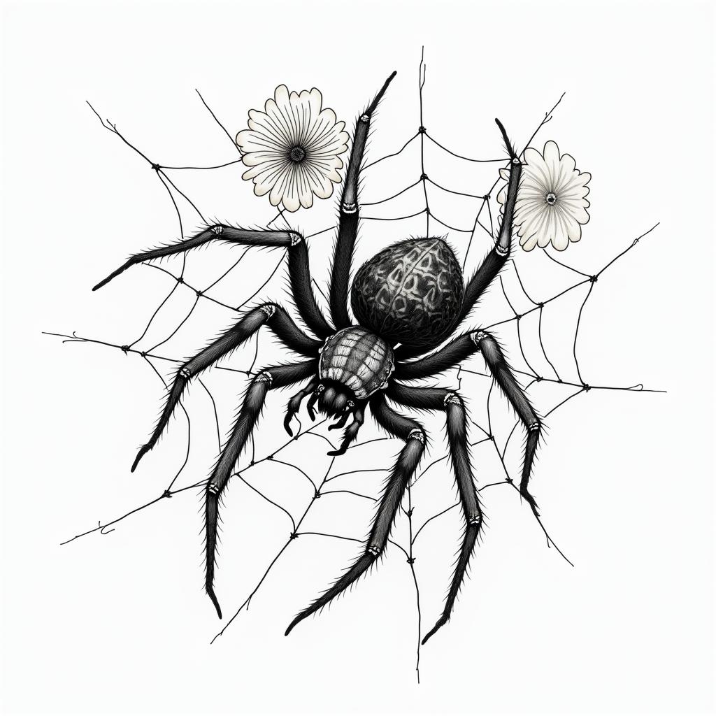 Small spider on web with lots of flowersin japanese style tattoo, detailed tattoo, traditional japanese culture tattoo, mythology, 8k - Variation 30