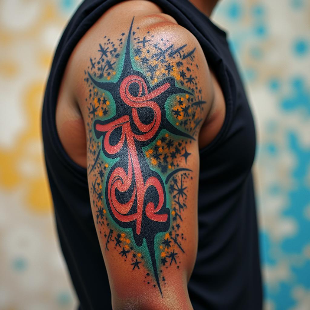 56 year old African American male raised in Compton , one son, army veteranin graffiti style tattoo, featuring bold and dynamic street art elements, spray-paint texture with exaggerated lines and expressive, chaotic brushstrokes, intricate lettering incorporated with graffiti tags, symbols like hearts, stars, and wings - Variation 4