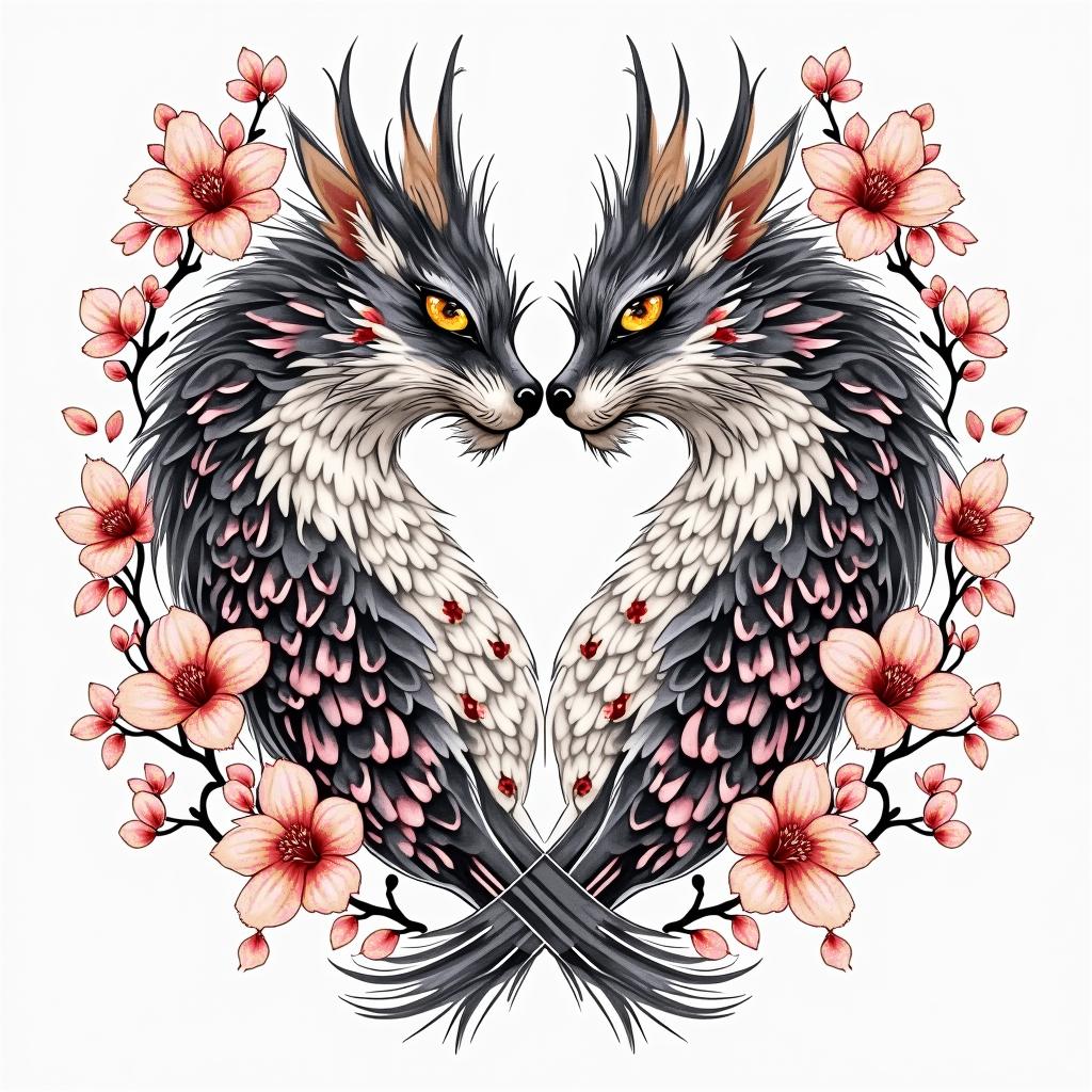 Strong siblings bond Chinese powerful red cherry blossomin ornamental tattoo style, featuring intricate symmetrical patterns and floral designs, showcasing highly detailed line work and geometric shapes, creating a sense of elegance and balance