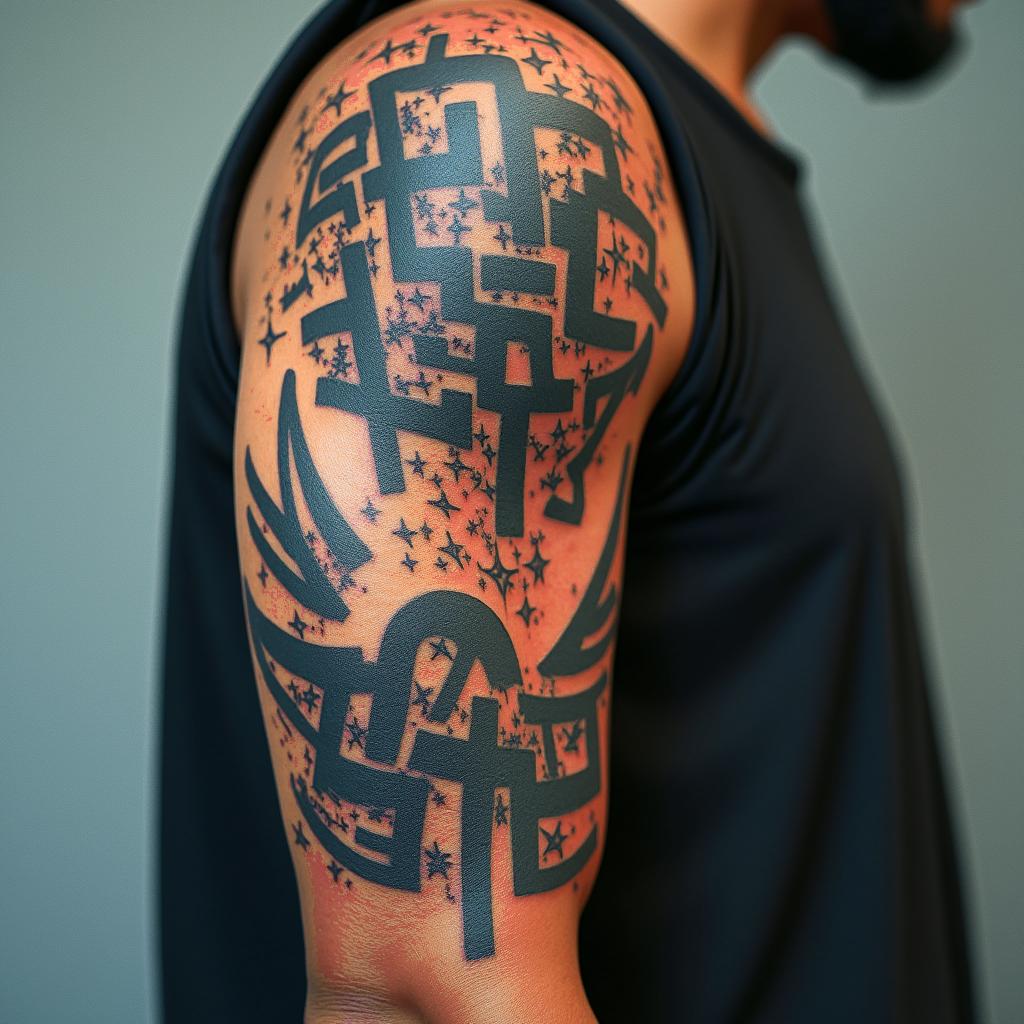 56 year old African American male raised in Compton , one son, army veteranin graffiti style tattoo, featuring bold and dynamic street art elements, spray-paint texture with exaggerated lines and expressive, chaotic brushstrokes, intricate lettering incorporated with graffiti tags, symbols like hearts, stars, and wings - Variation 3