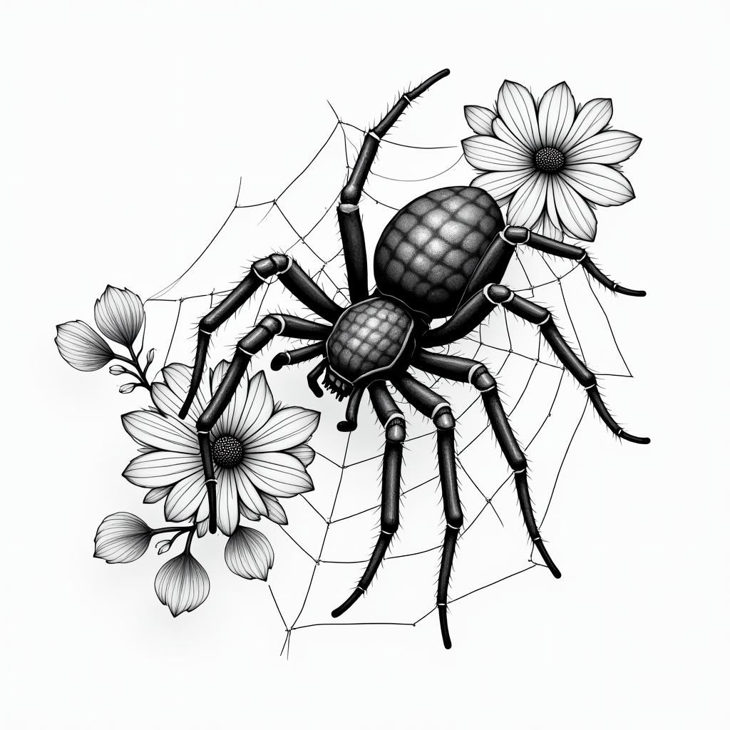 Small spider on web with lots of flowersin japanese style tattoo, detailed tattoo, traditional japanese culture tattoo, mythology, 8k - Variation 26