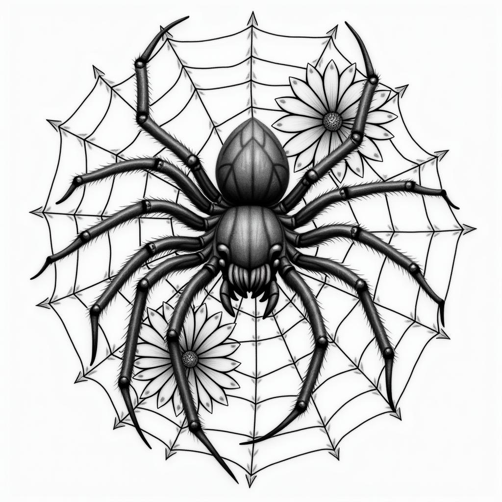 Small spider on web with lots of flowersin japanese style tattoo, detailed tattoo, traditional japanese culture tattoo, mythology, 8k - Variation 28